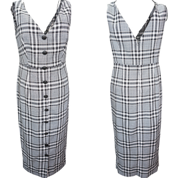 Veronica Beard Lark XS 2 V-Neck Button-Front Black White Plaid Sheath Midi Dress - Picture 2 of 9